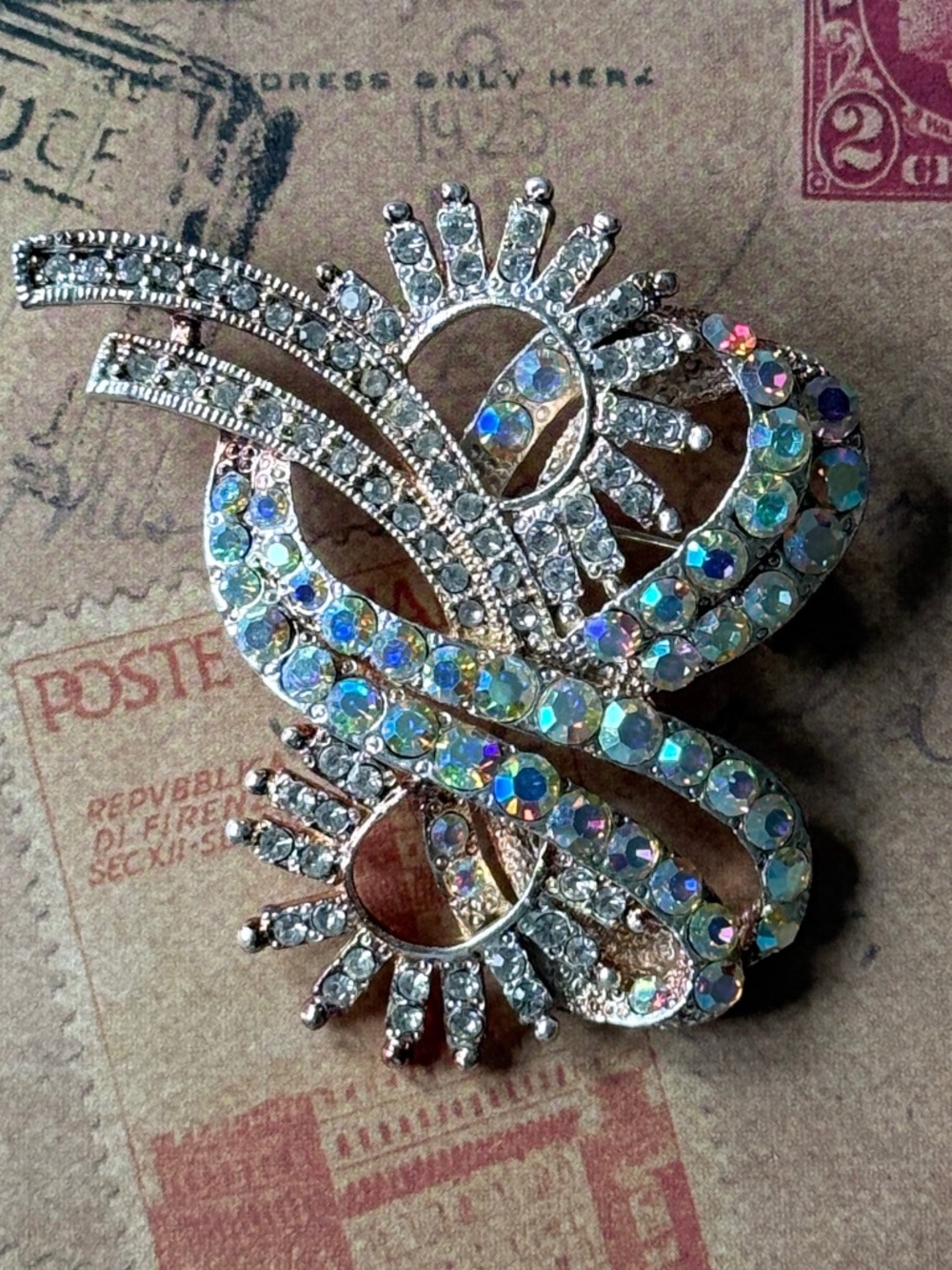 VINTAGE Abstract Swirling Floral Clear & AB Rhinestone Brooch